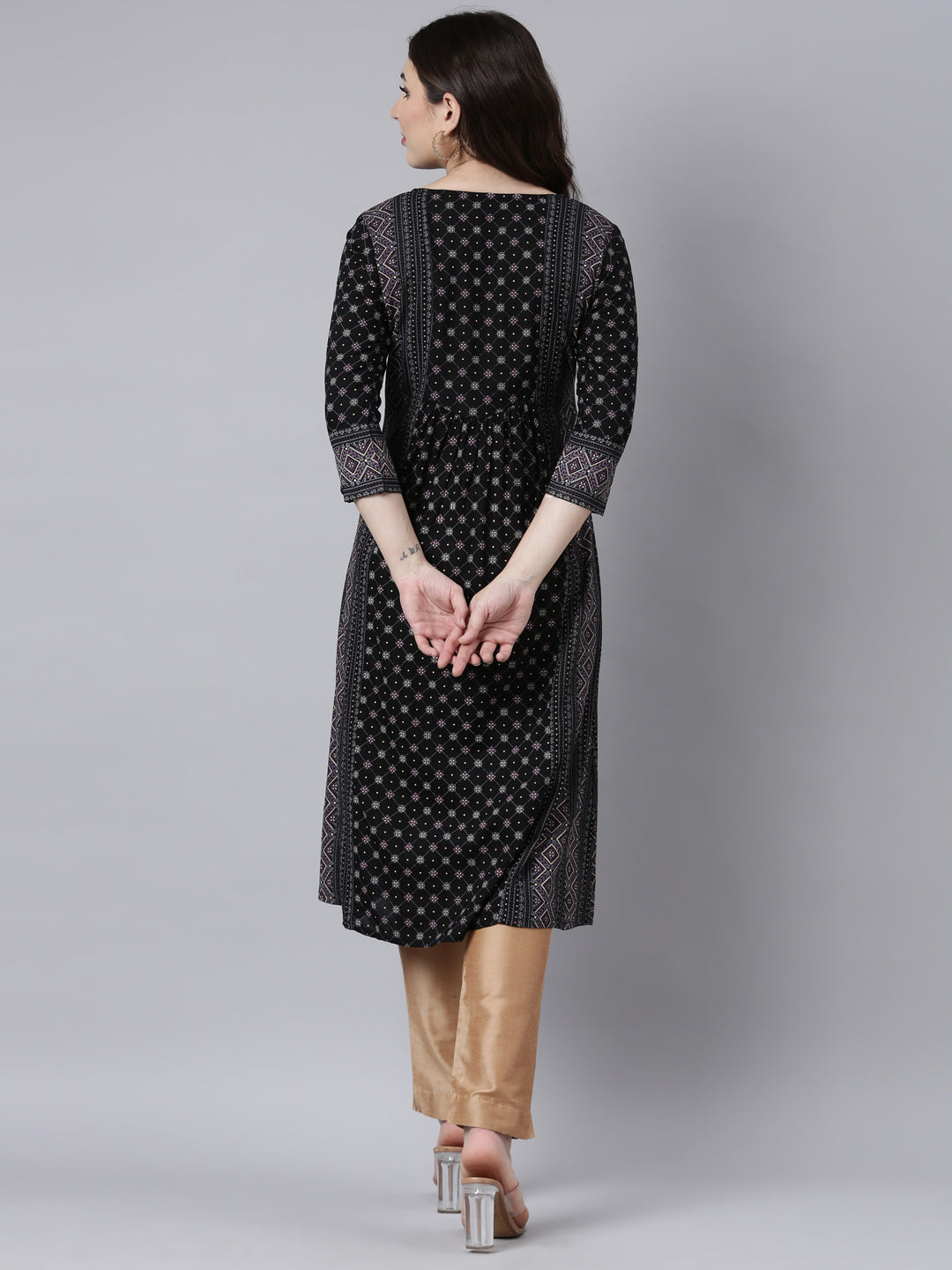 Neerus Black jacquard woven straight kurti - side view