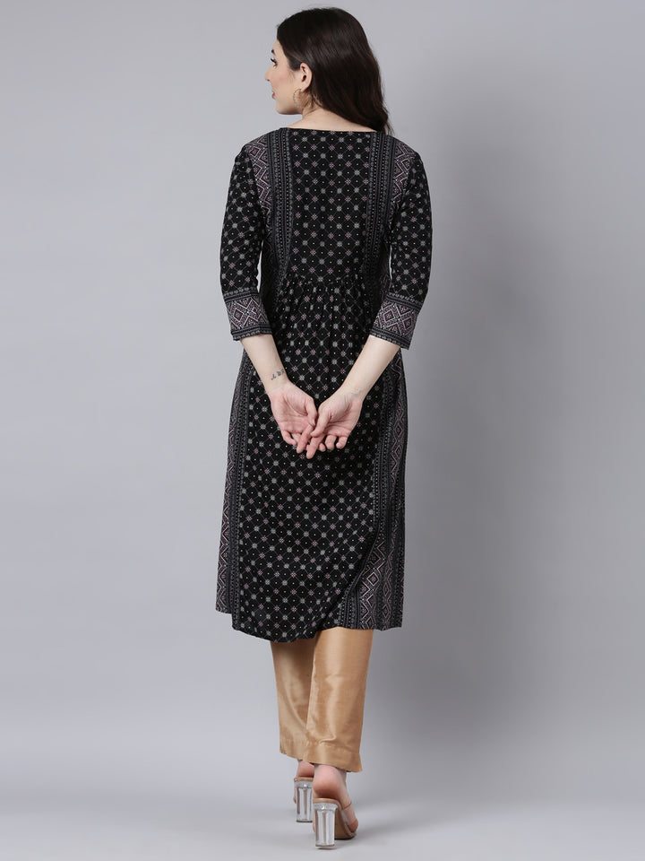 Neerus Black jacquard woven straight kurti - side view