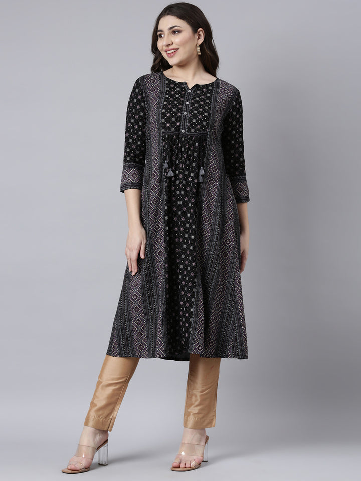 Neerus Black jacquard woven straight kurti - detail view 2