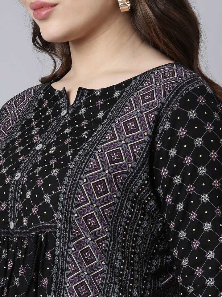Neerus Black jacquard woven straight kurti - detail view 1