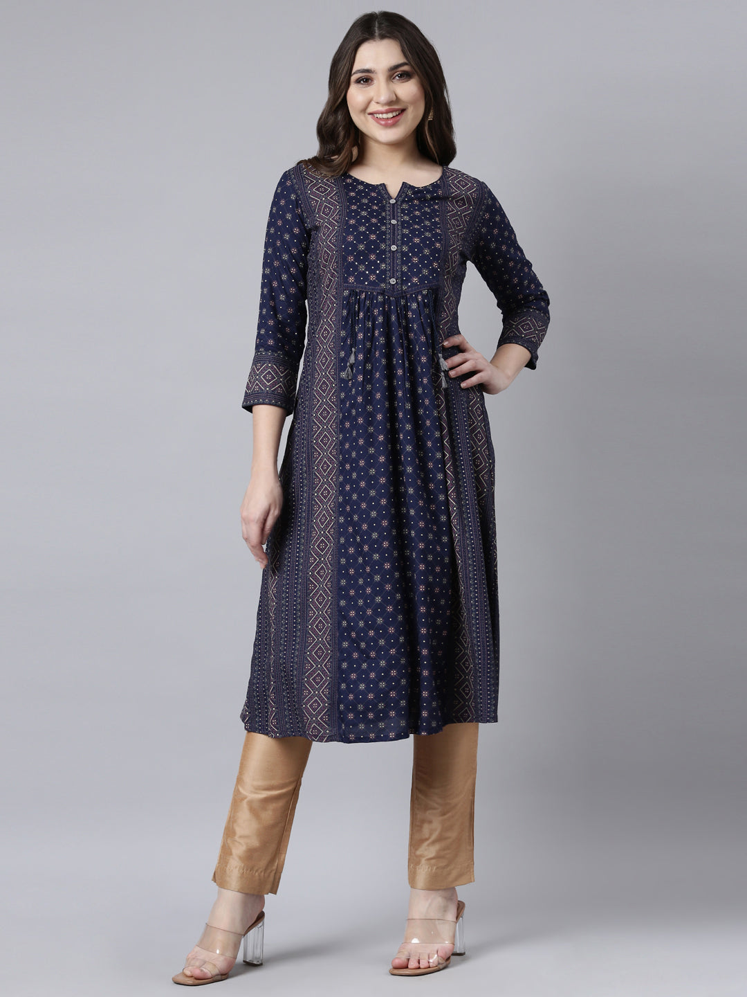 Neerus Blue jacquard woven straight kurti - front view