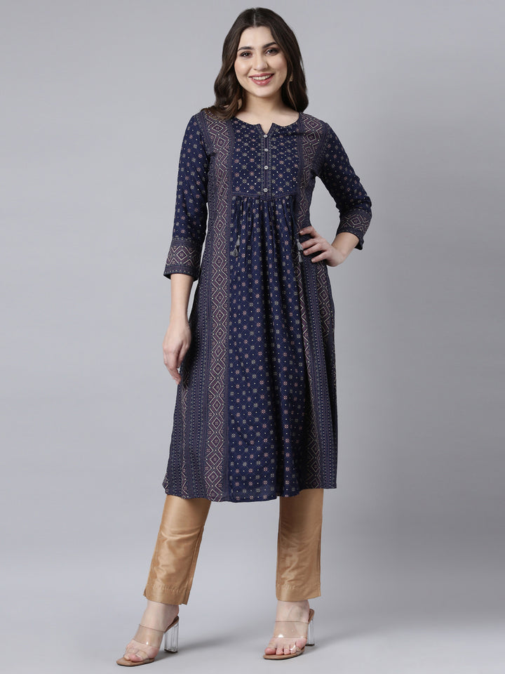 Neerus Blue jacquard woven straight kurti - front view
