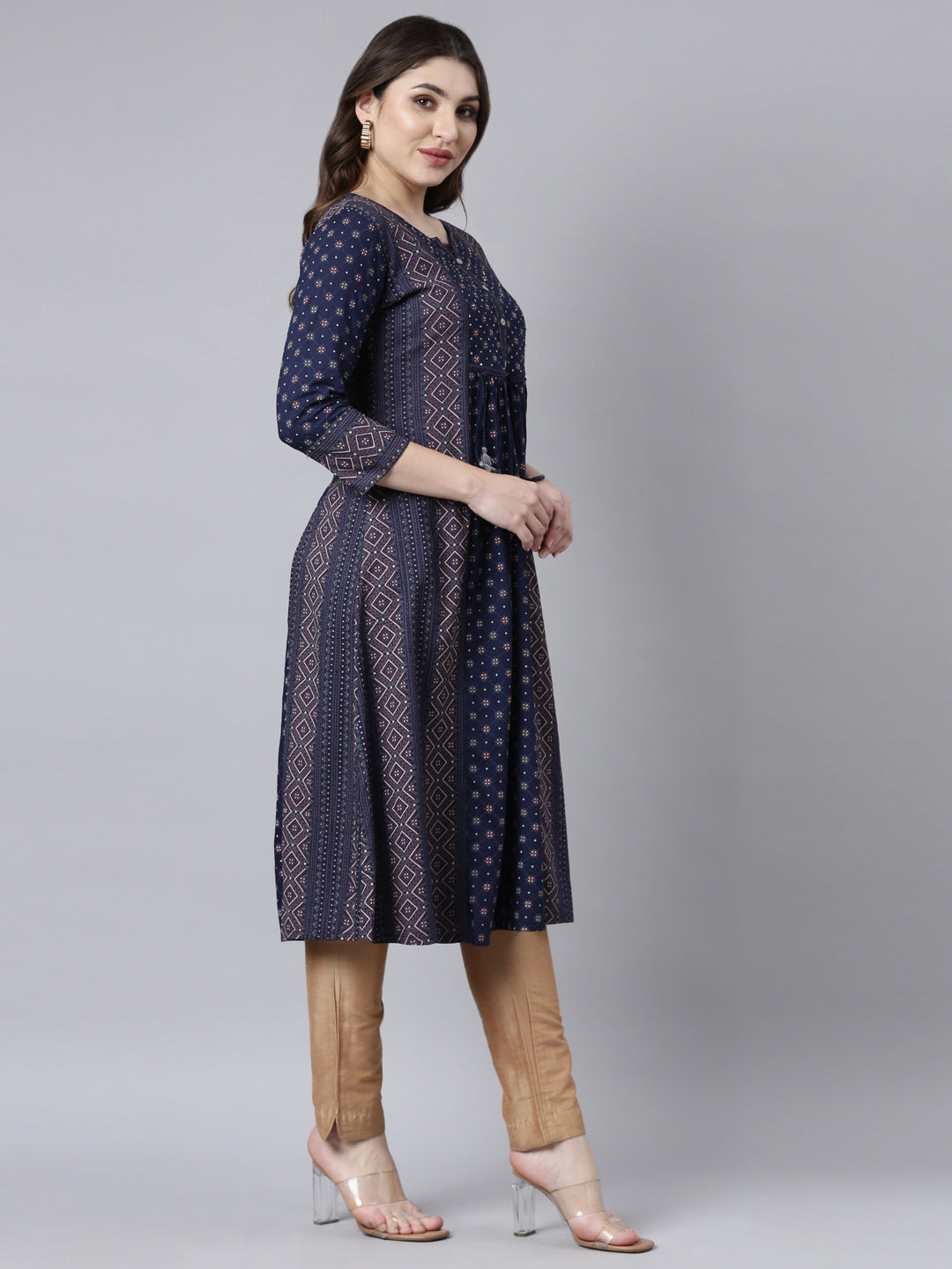 Neerus Blue jacquard woven straight kurti - back view