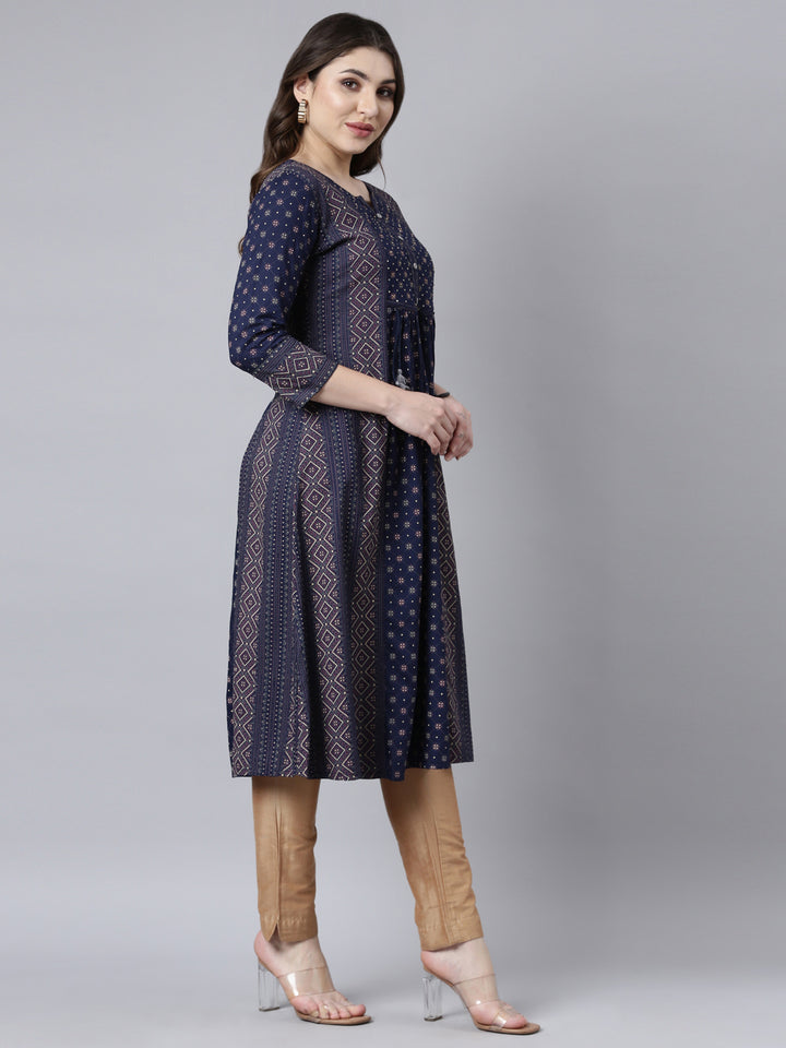 Neerus Blue jacquard woven straight kurti - back view