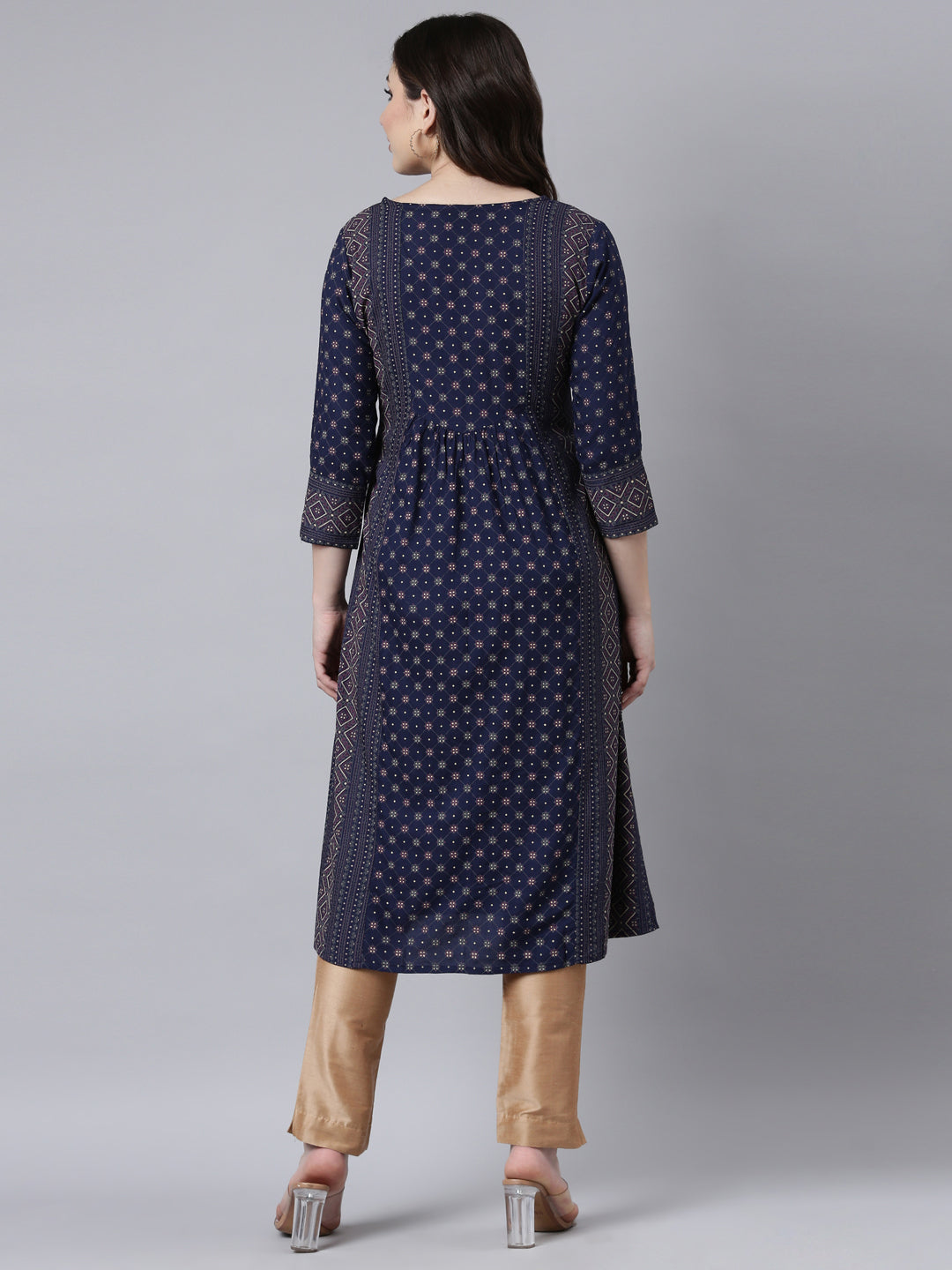 Neerus Blue jacquard woven straight kurti - side view