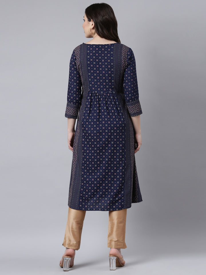 Neerus Blue jacquard woven straight kurti - side view