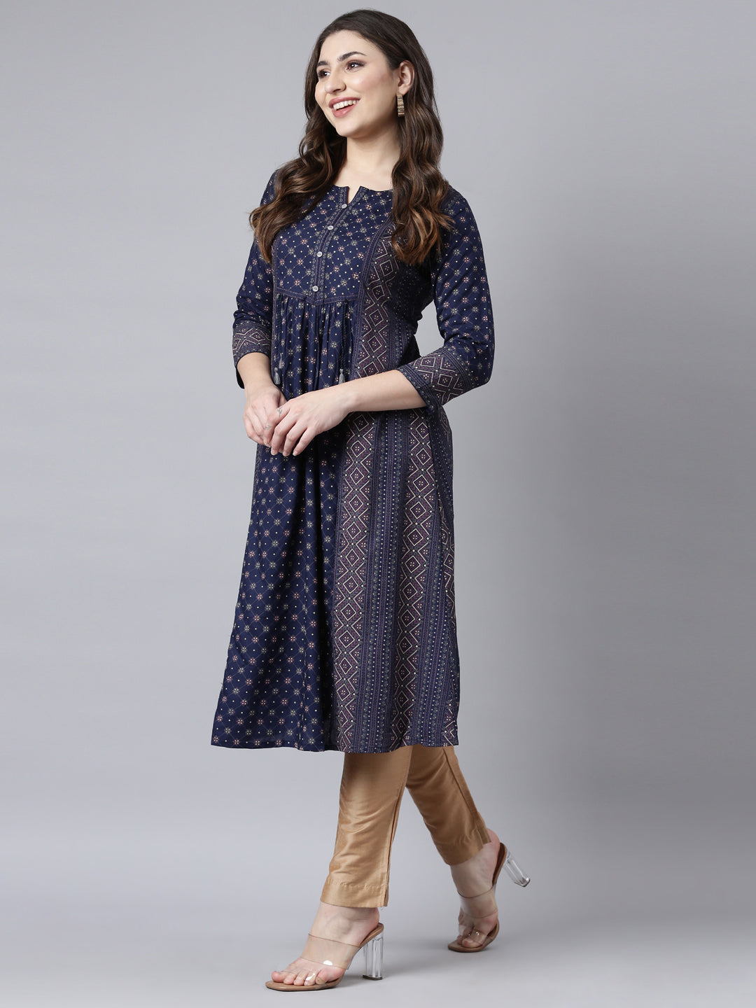 Neerus Blue jacquard woven straight kurti - detail view 2