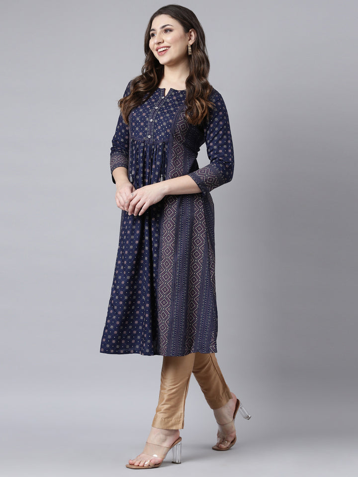 Neerus Blue jacquard woven straight kurti - detail view 2