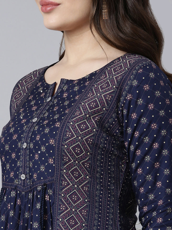 Neerus Blue jacquard woven straight kurti - detail view 1