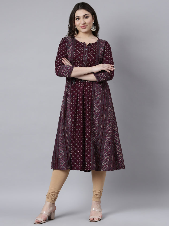 Neerus Purple jacquard woven straight kurti - front view