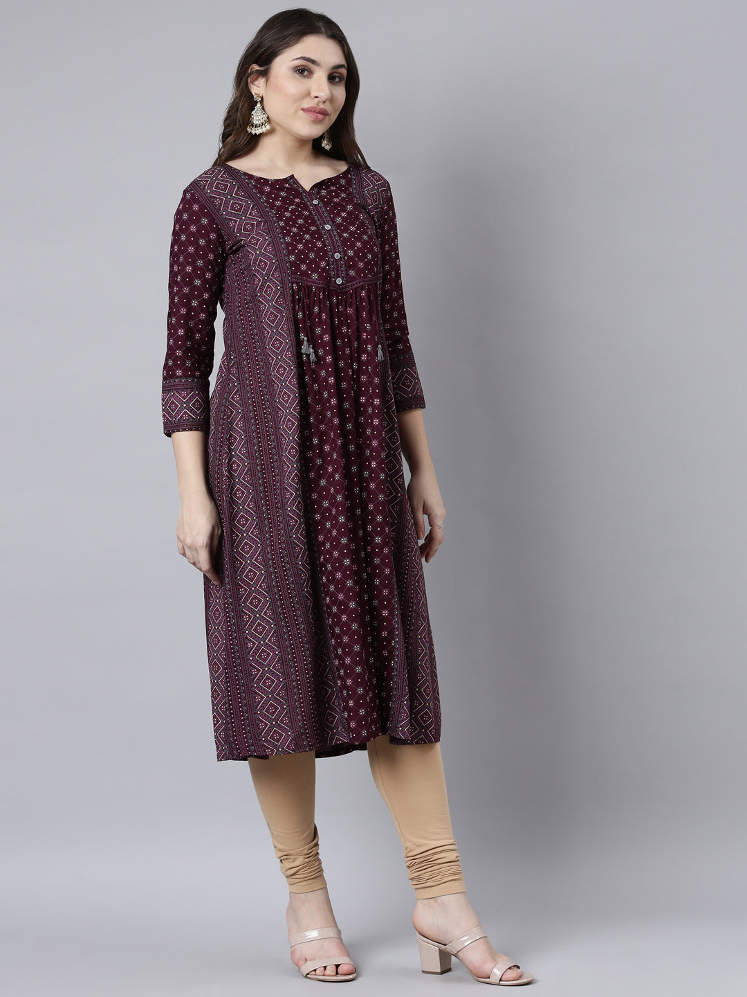 Neerus Purple jacquard woven straight kurti - back view