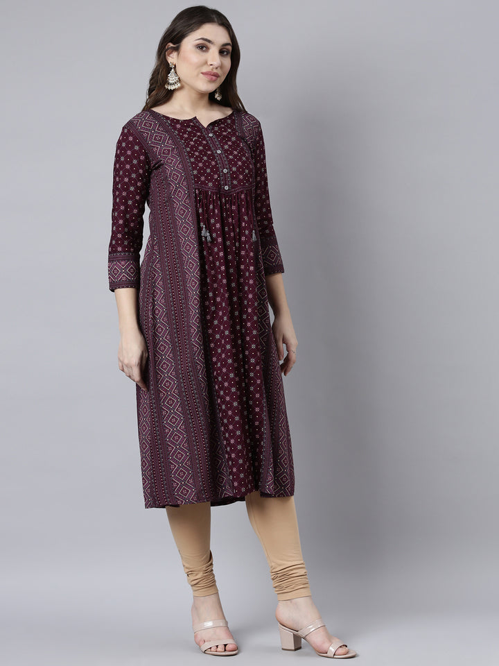 Neerus Purple jacquard woven straight kurti - back view