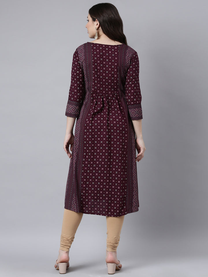 Neerus Purple jacquard woven straight kurti - side view