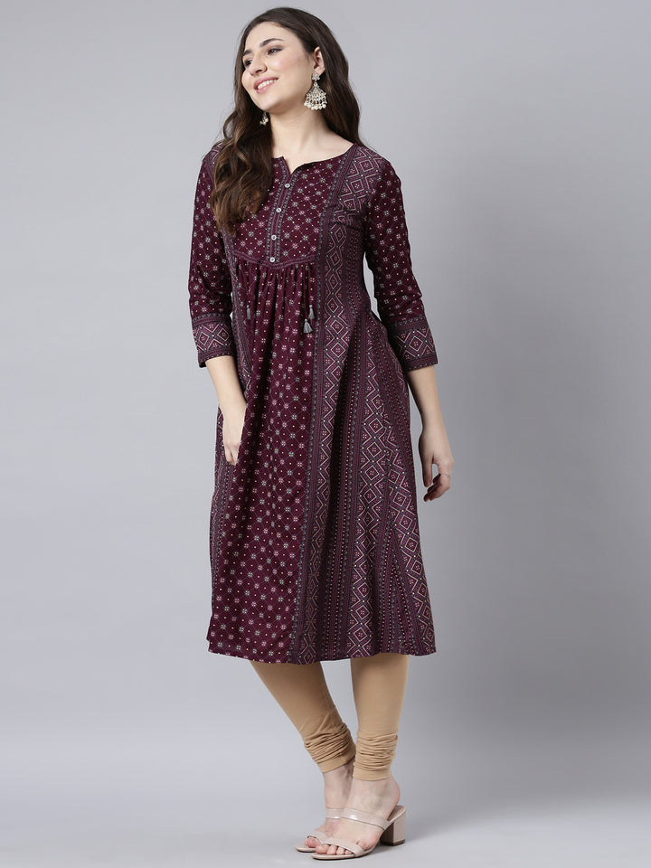 Neerus Purple jacquard woven straight kurti - detail view 2