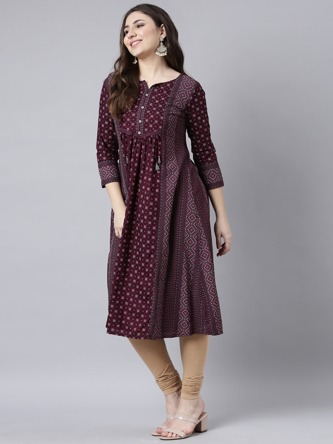 Neerus Purple Regular Straight Woven Design Kurtas