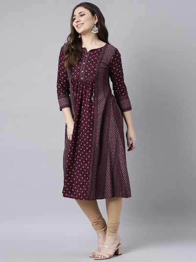 Neerus Purple Regular Straight Woven Design Kurtas