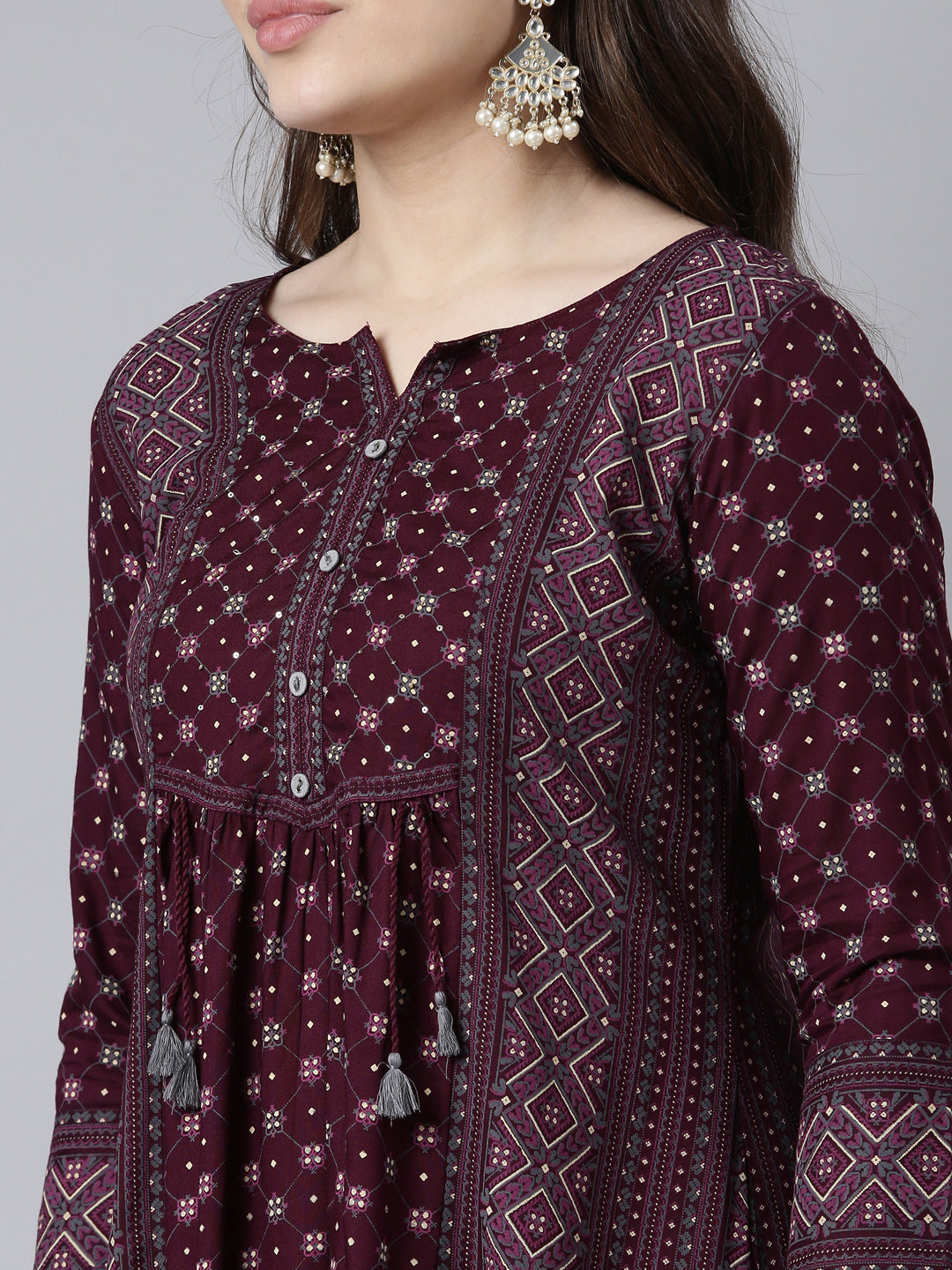 Neerus Purple jacquard woven straight kurti - detail view 1