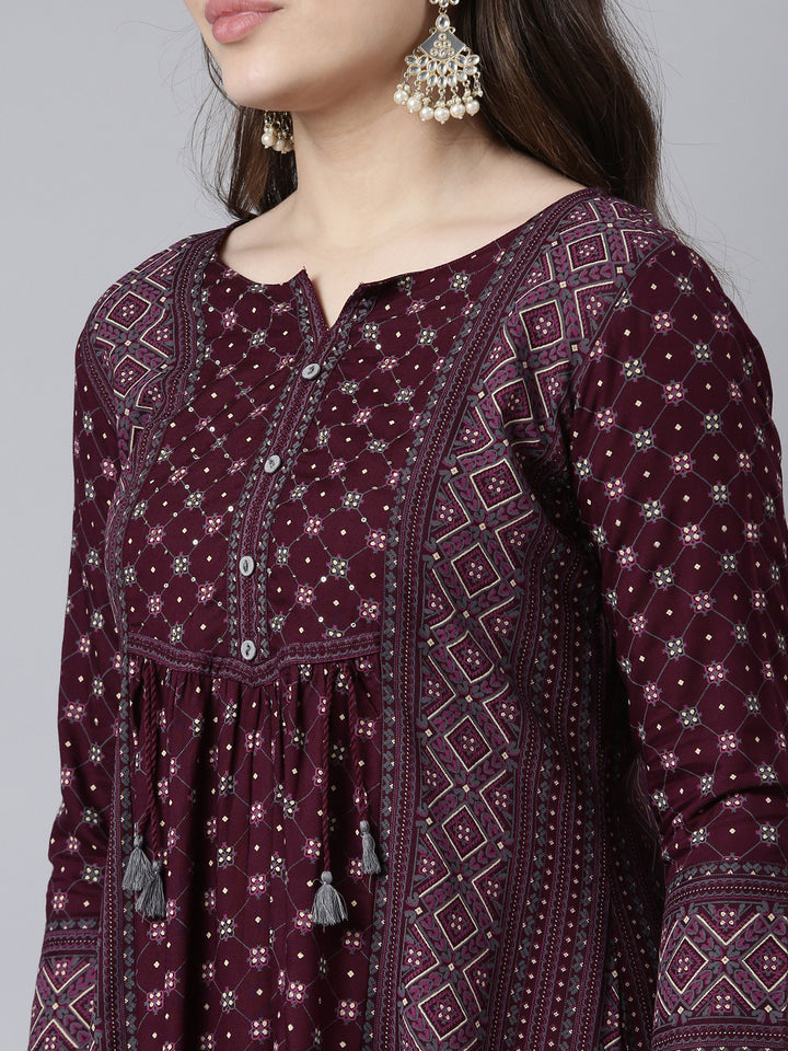 Neerus Purple jacquard woven straight kurti - detail view 1