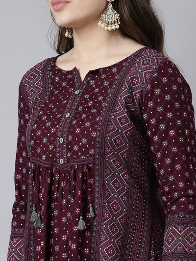 Neerus Purple Regular Straight Woven Design Kurtas