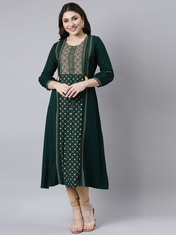Neerus Green Jacquard Woven Kurti - front view