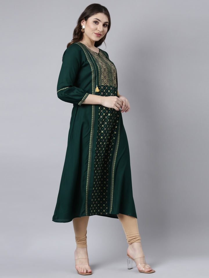 Neerus Green Jacquard Woven Kurti - back view