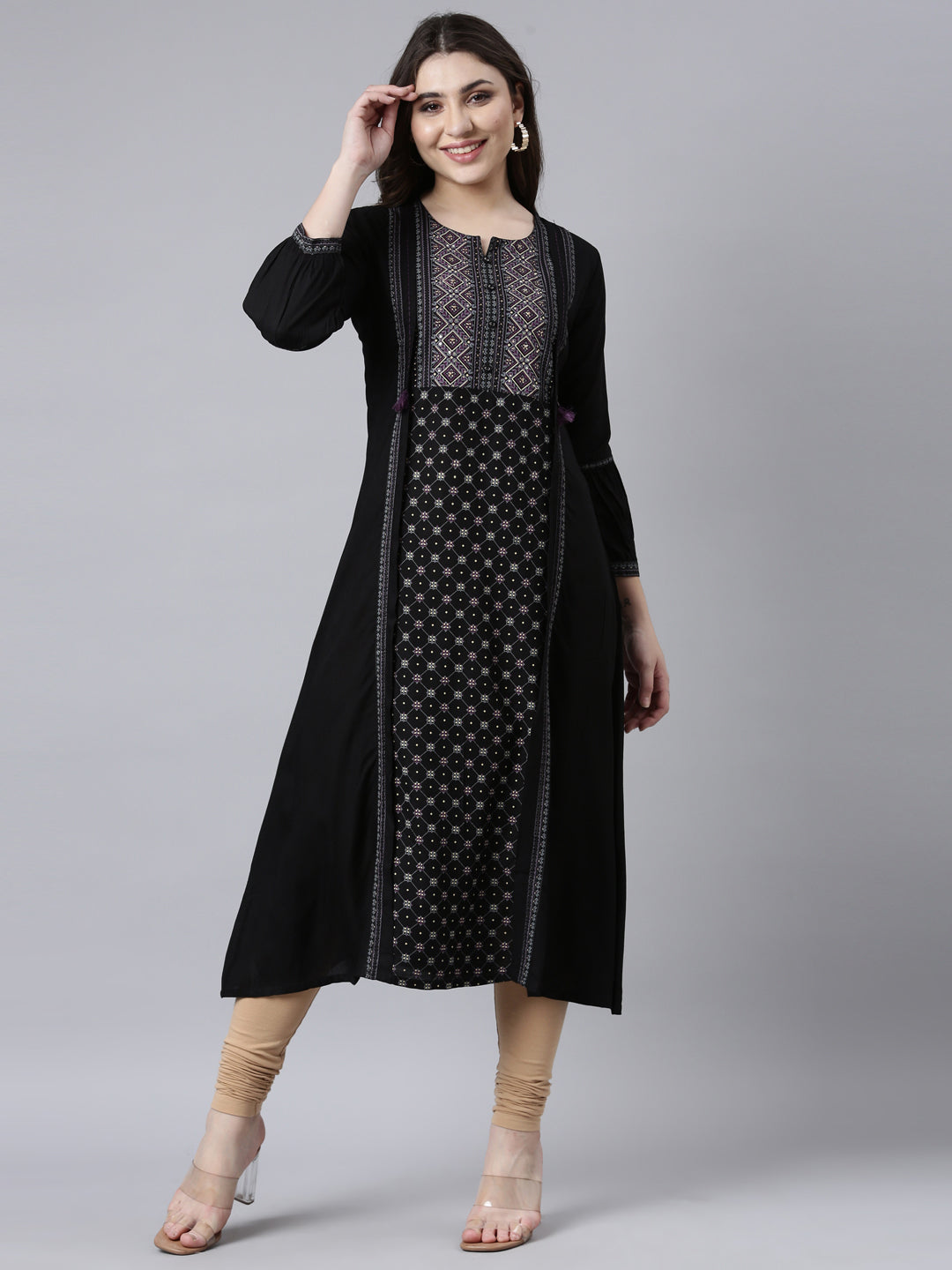 Neerus Black jacquard woven straight kurti - front view