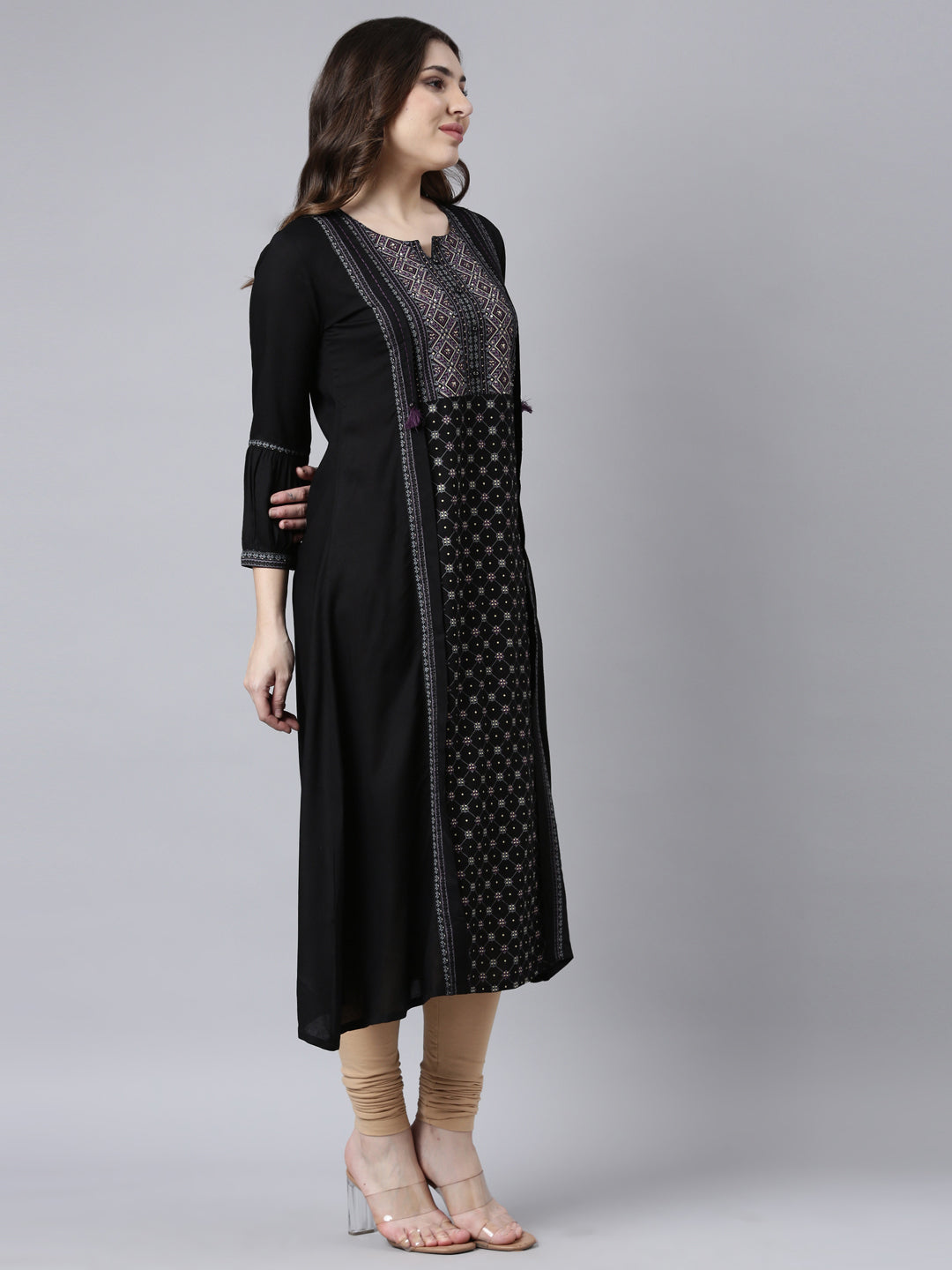 Neerus Black jacquard woven straight kurti - back view