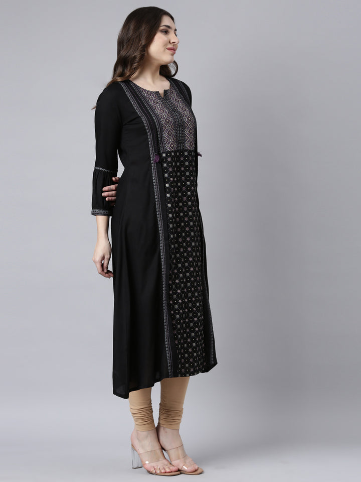 Neerus Black jacquard woven straight kurti - back view