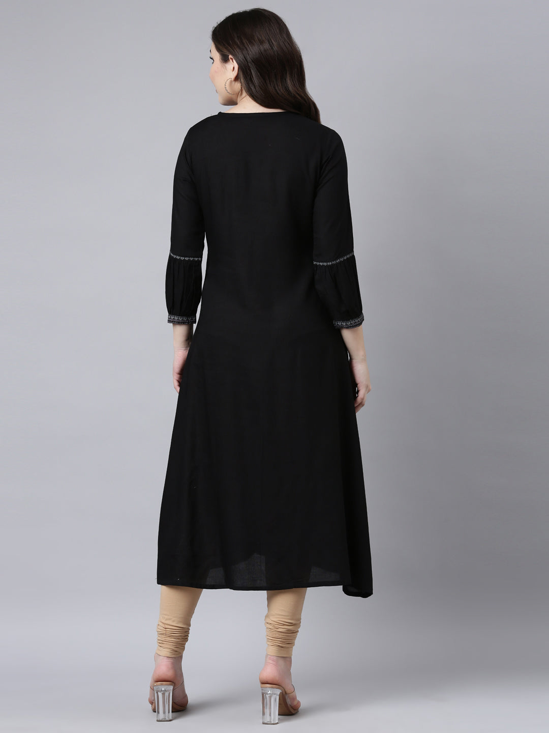 Neerus Black jacquard woven straight kurti - side view