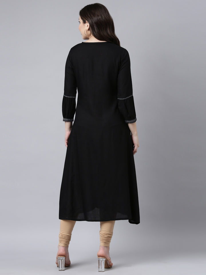 Neerus Black jacquard woven straight kurti - side view