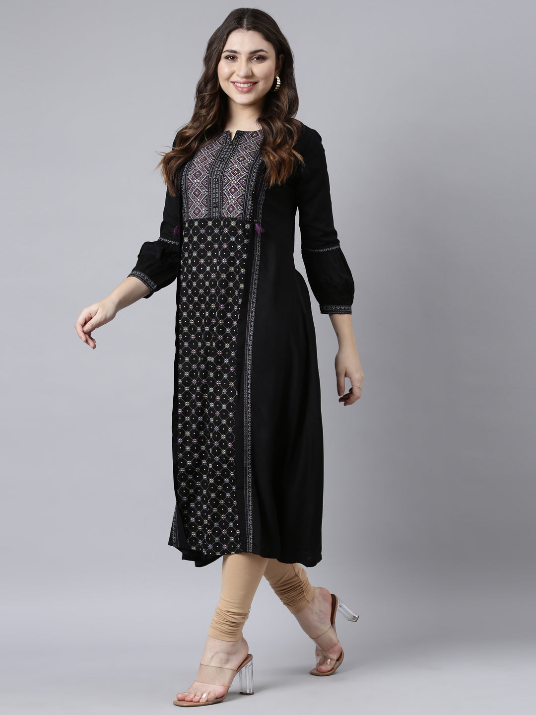 Neerus Black jacquard woven straight kurti - detail view 1