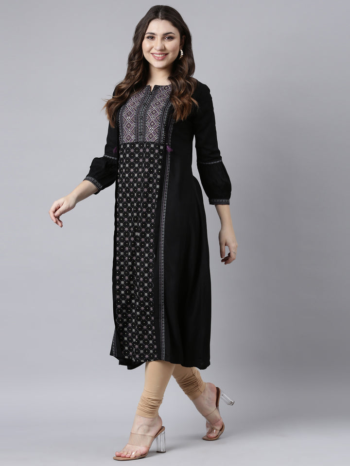 Neerus Black jacquard woven straight kurti - detail view 1