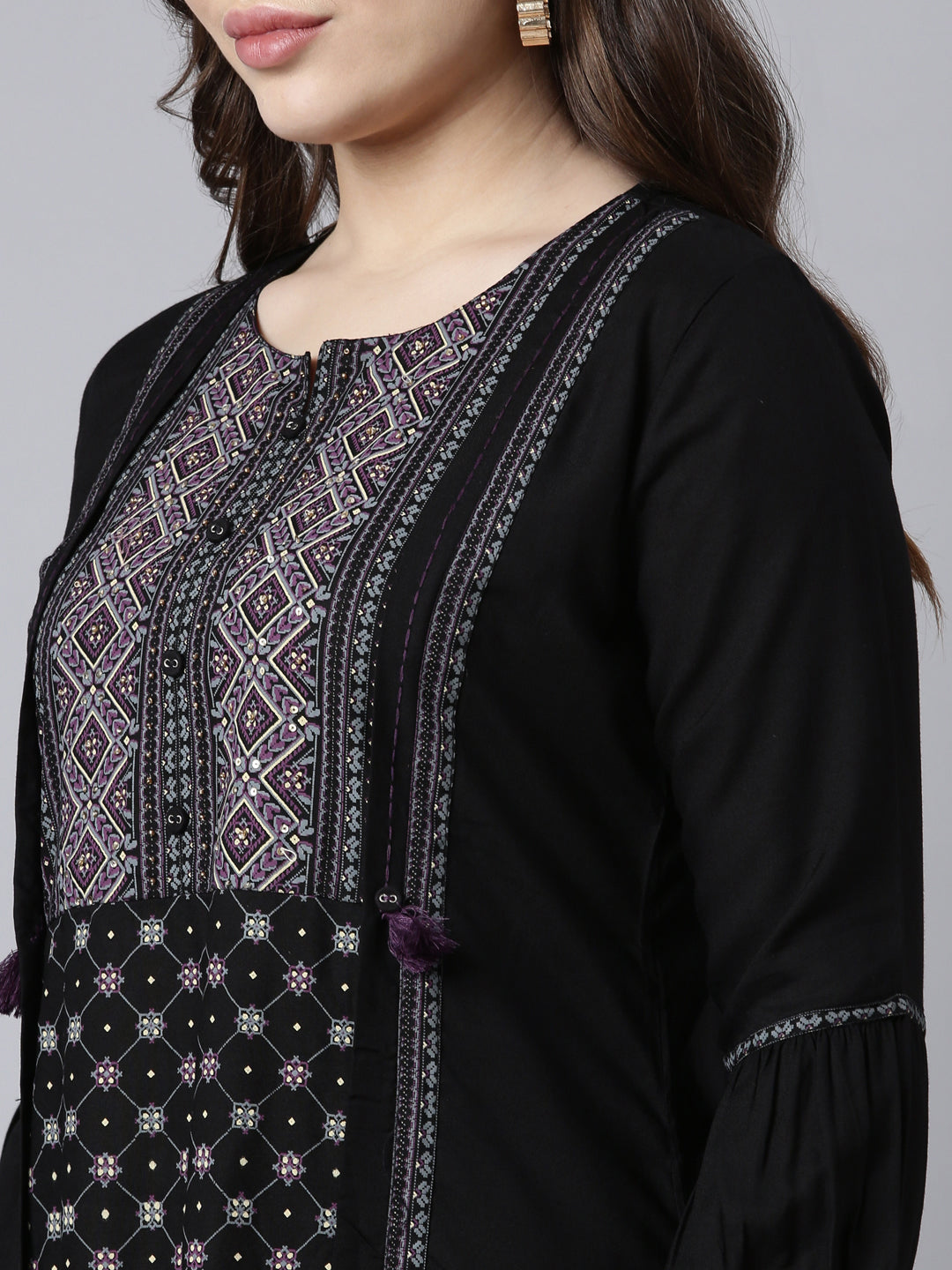 Neerus Black jacquard woven straight kurti - detail view 2