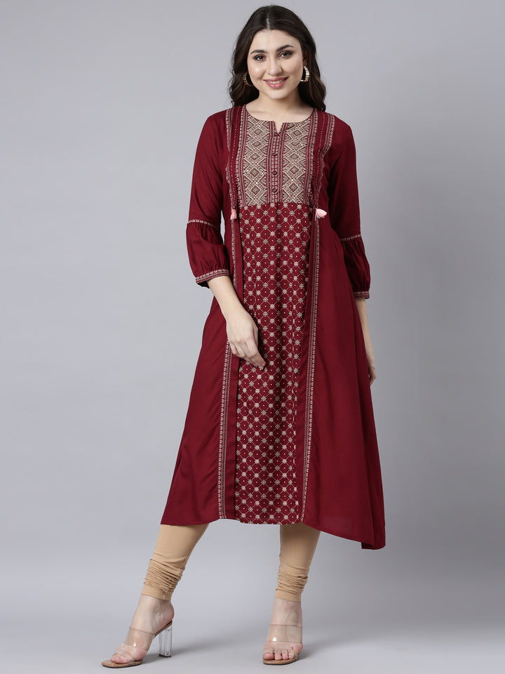 Neerus Maroon Rayon Woven Straight Kurti - front view