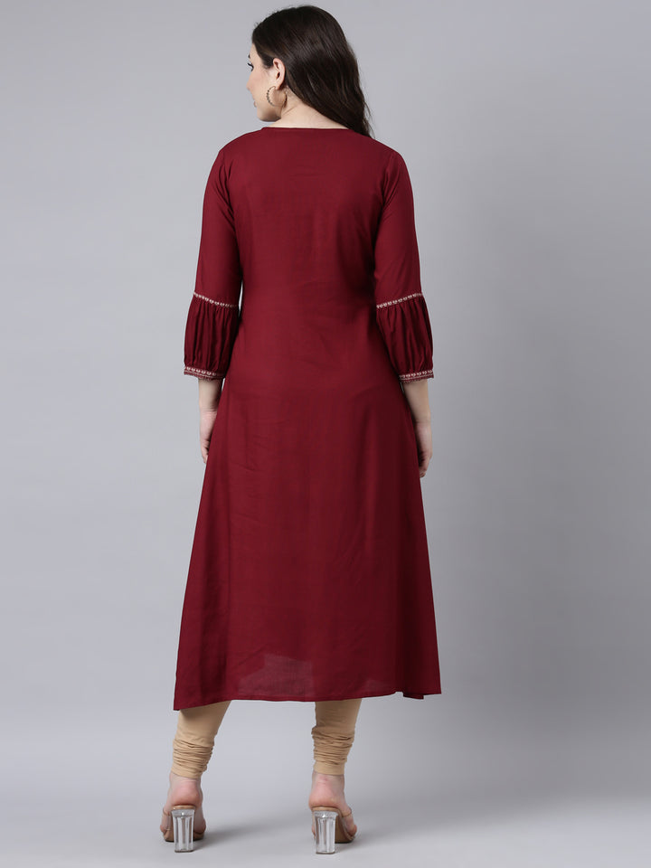 Neerus Maroon Rayon Woven Straight Kurti - side view