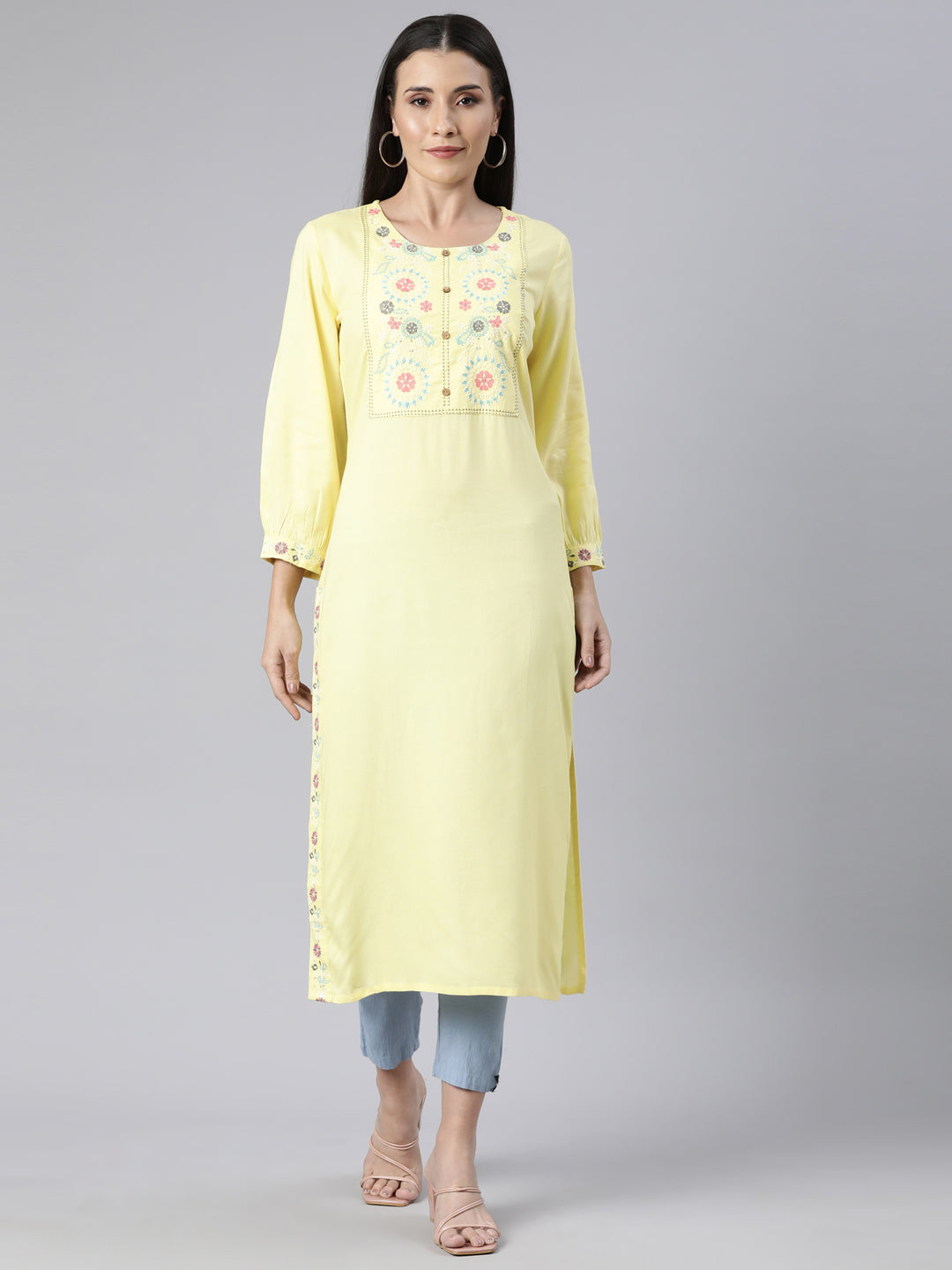 Neerus Yellow Regular Straight Solid Kurtas