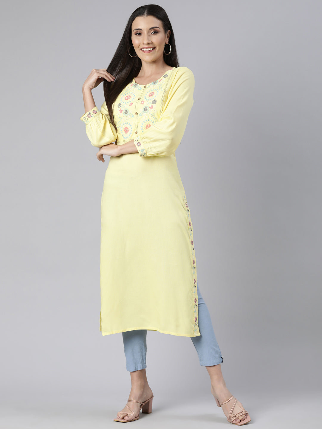 Neerus Yellow Regular Straight Solid Kurtas