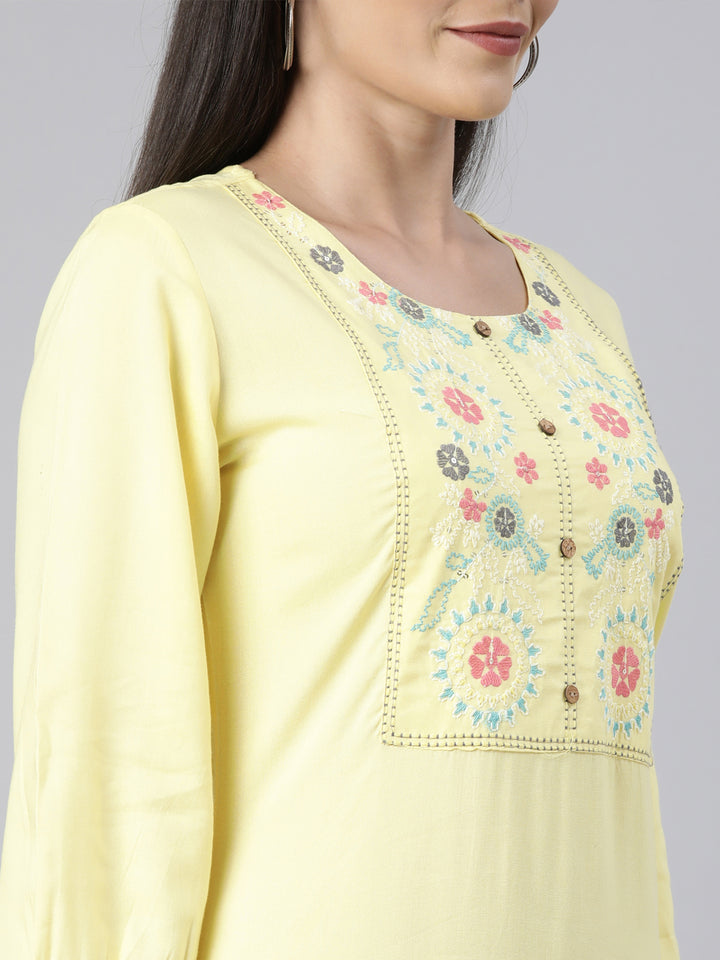 Neerus Yellow Regular Straight Solid Kurtas