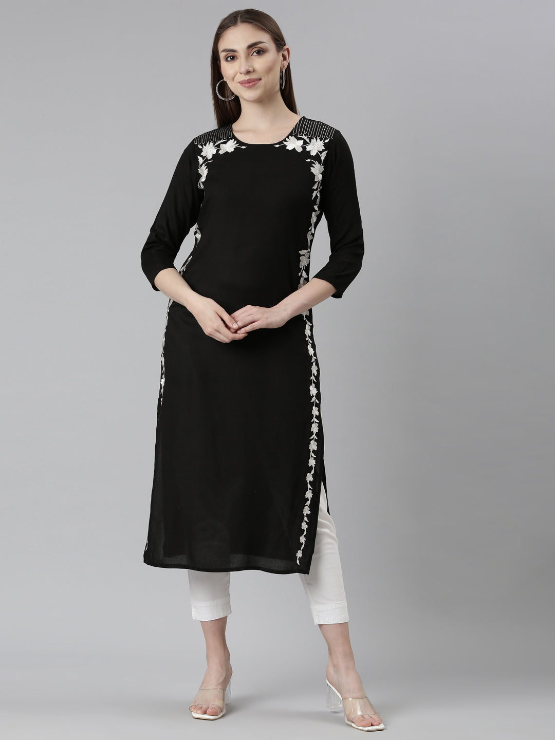 Neerus Black printed floral straight kurta - front view