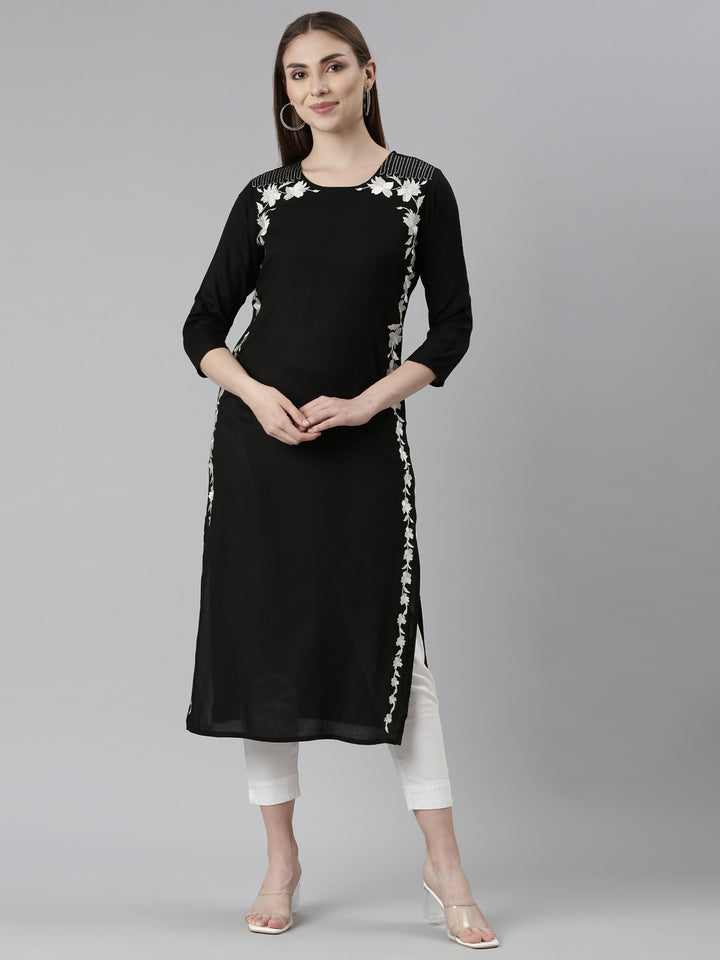 Neerus Black printed floral straight kurta - front view