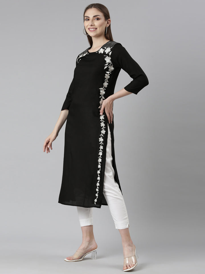 Neerus Black printed floral straight kurta - back view