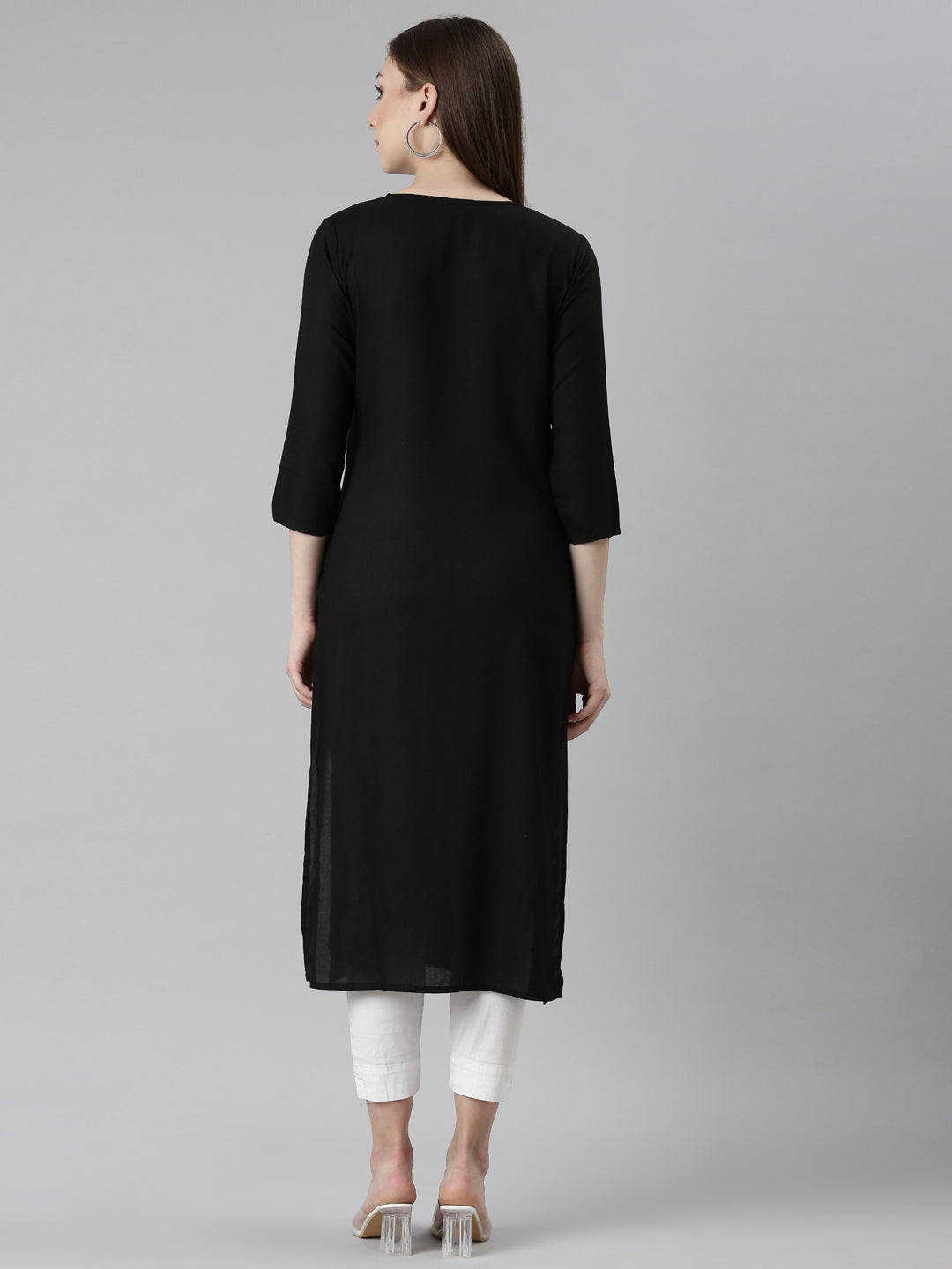 Neerus Black printed floral straight kurta - side view