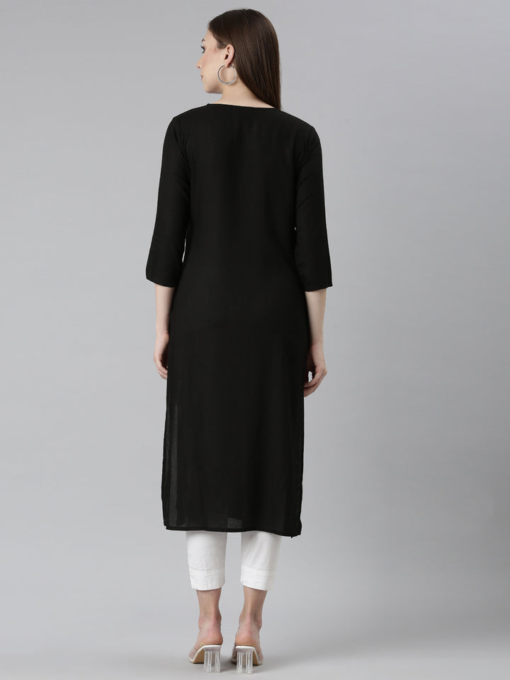 Neerus Black printed floral straight kurta - side view