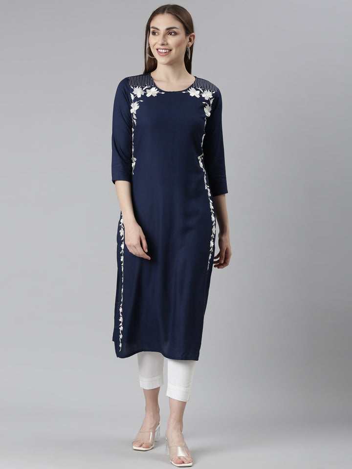 Neerus Blue floral printed straight kurti - front view
