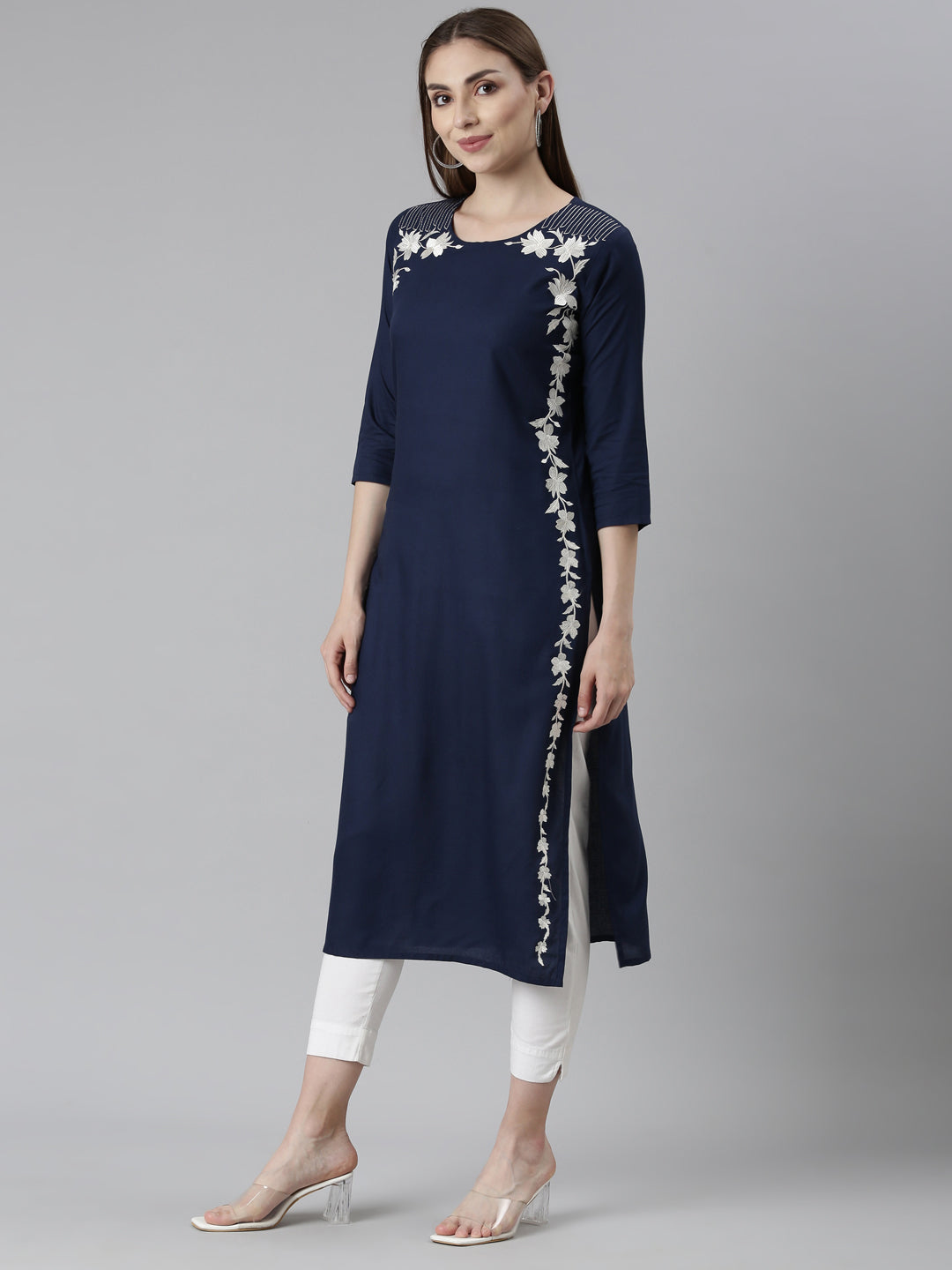 Neerus Blue floral printed straight kurti - back view