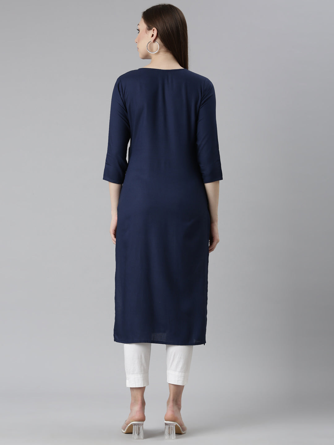 Neerus Blue floral printed straight kurti - side view