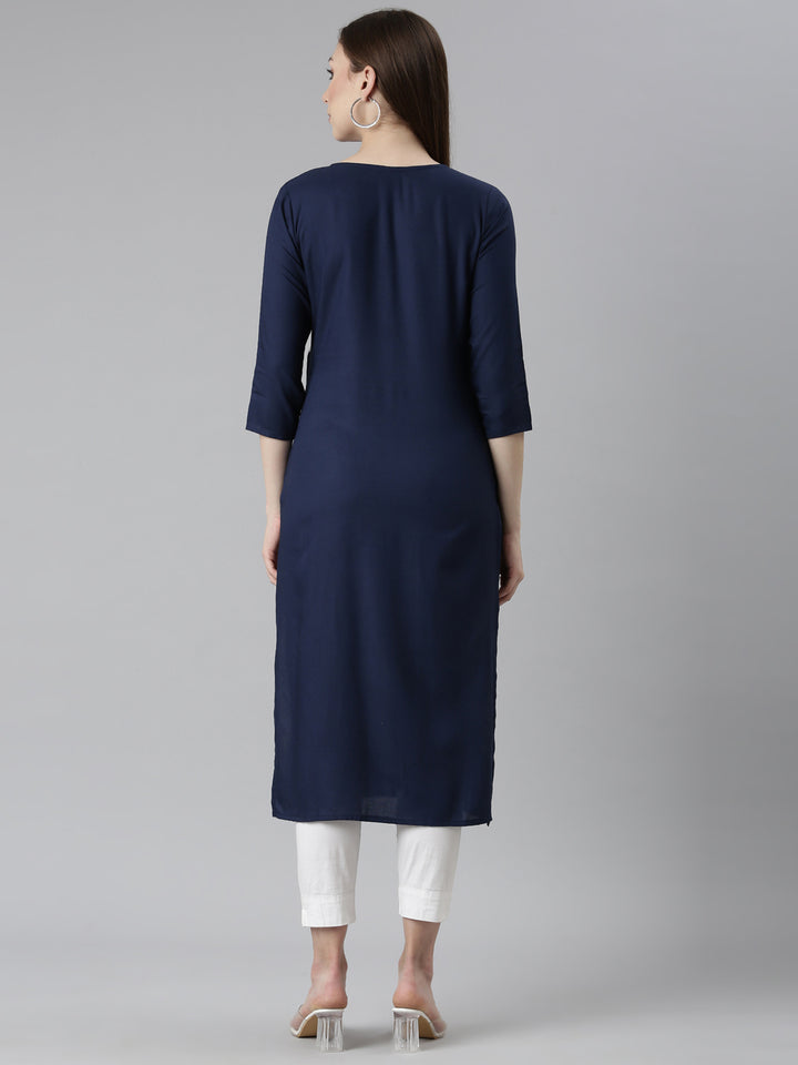 Neerus Blue floral printed straight kurti - side view