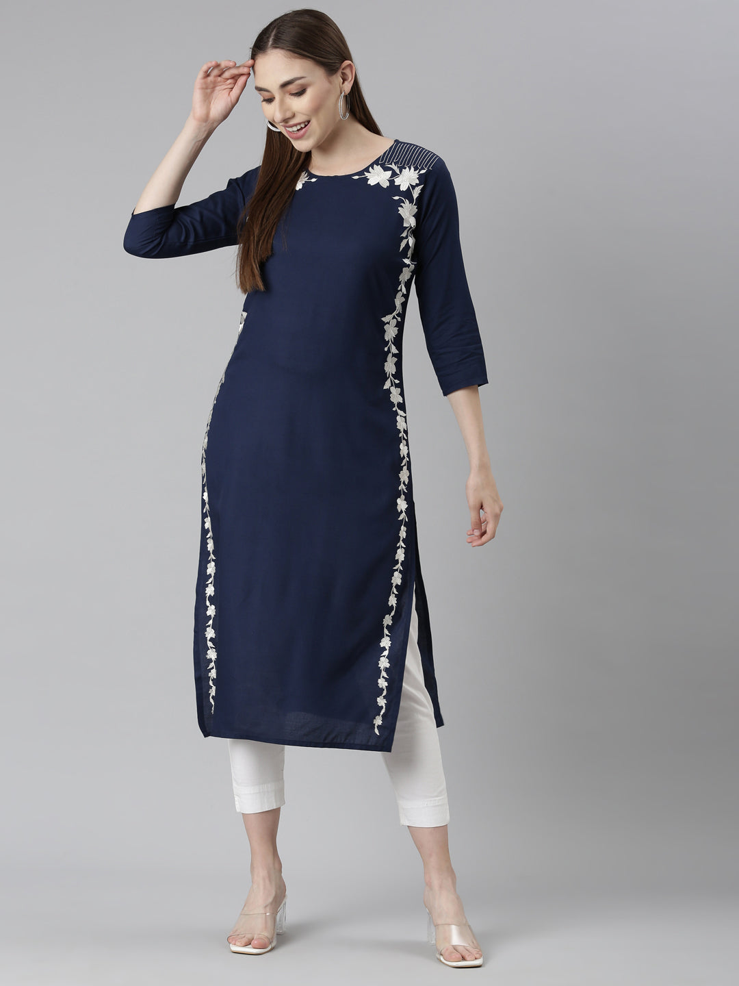 Neerus Blue floral printed straight kurti - detail view 2