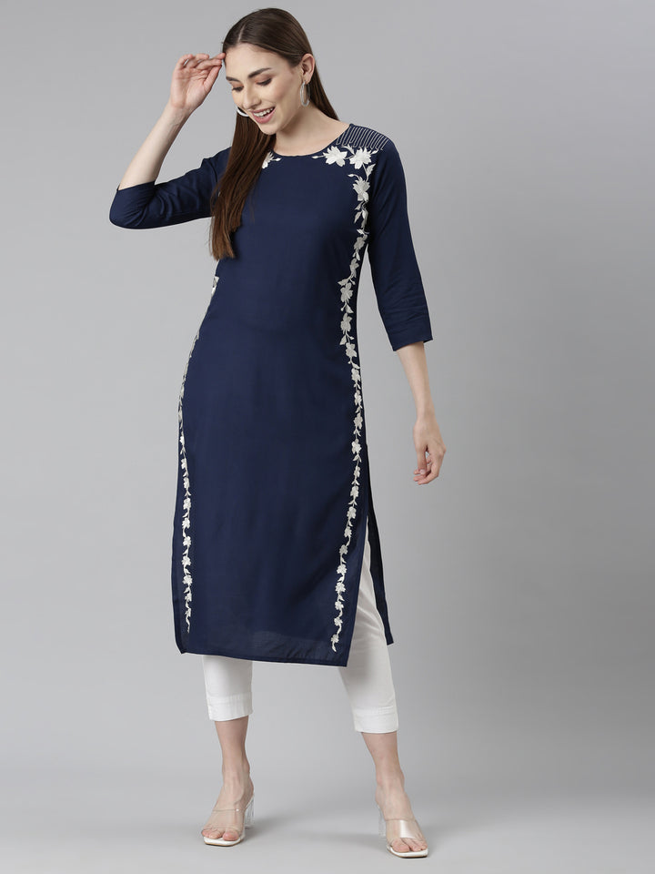 Neerus Blue floral printed straight kurti - detail view 2