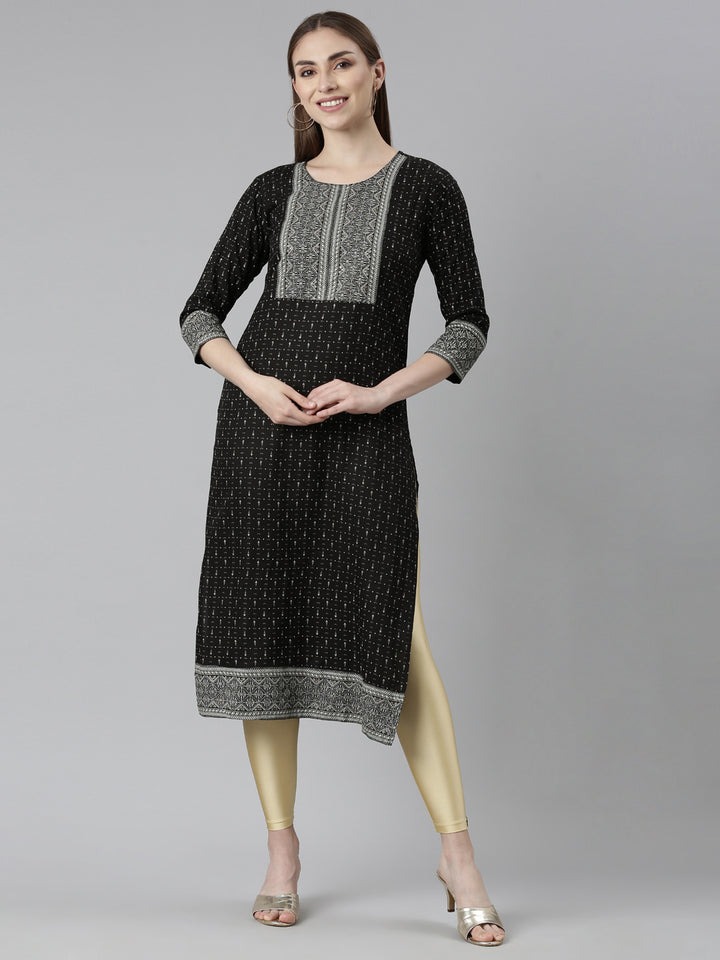 Neerus Black Bandhani printed straight kurti - front view
